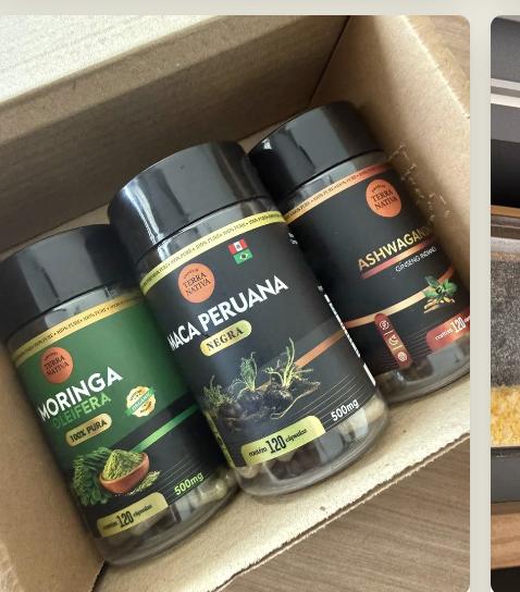 Cliente com produtos Empório Terra Nativa, incluindo Maca Peruana Negra